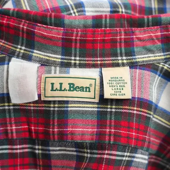 L.L. Bean Men's L Red Green Plaid Shirt Button Down Long Sleeve Cotton Vintage - Picture 3 of 12